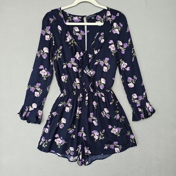 American Eagle Outfitters Pants - American Eagle Romper Womens XS Navy Blue Floral Viscose V-Neck Comfort Spring